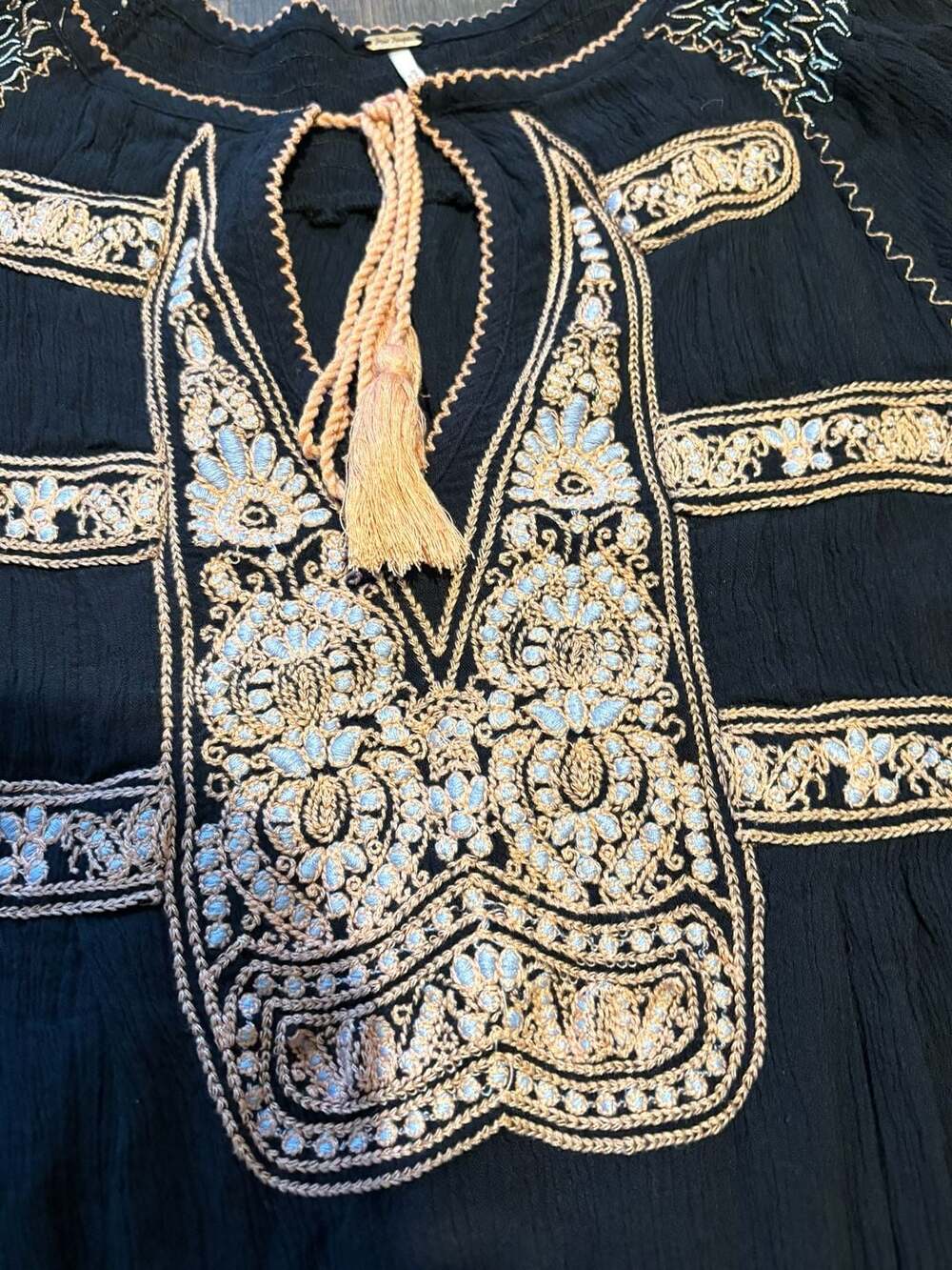 Free People Wind Willow Embroidery Dress Black Mini Flowy Gypsy Summer Tunic - Picture 3 of 5
